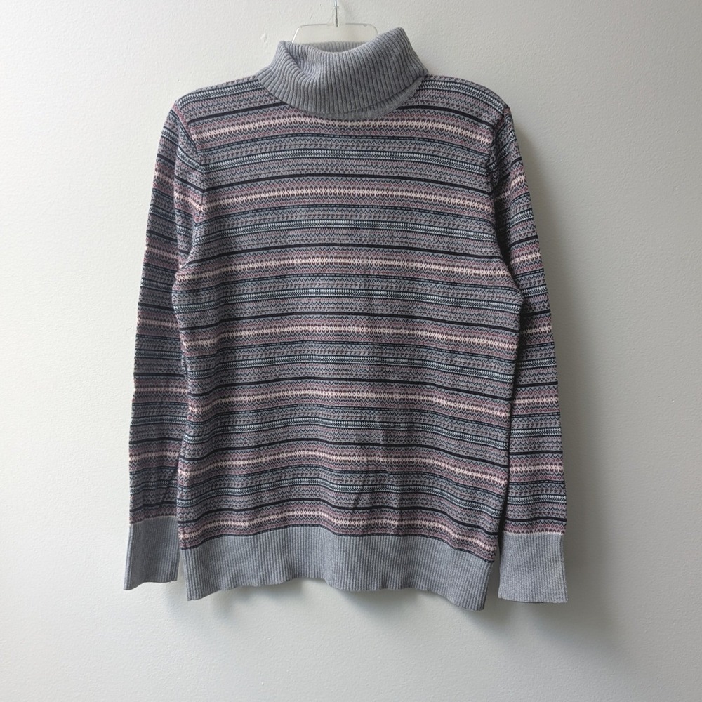L.L. Bean Turtleneck Sweater Gray Fair Isle Cotton Cashmere Sz L Cozy Cabin